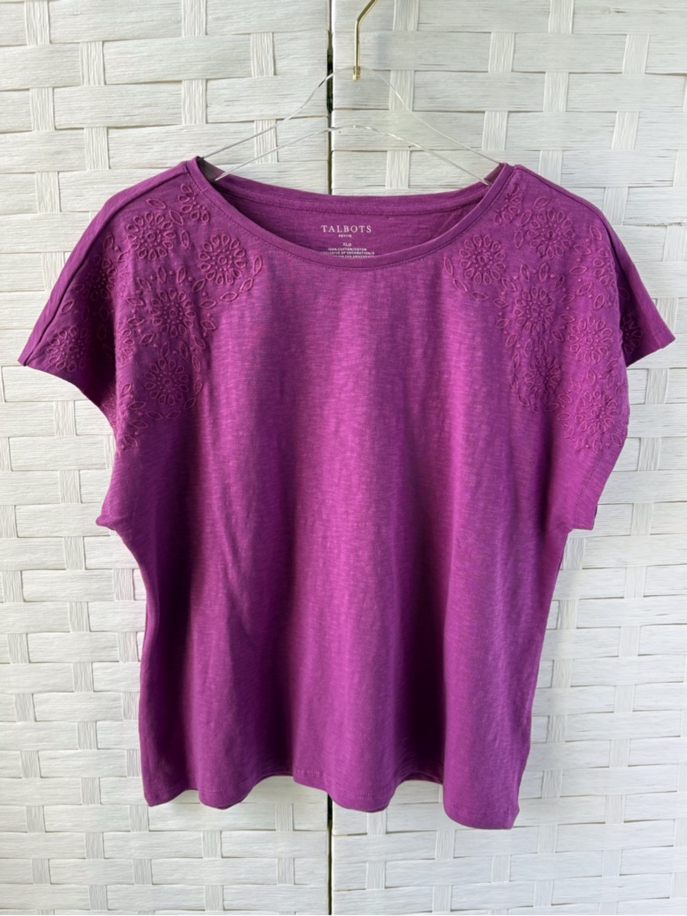 Talbots XLP Cotton Purple Embroidered Short Sleeve Tee Round Neck Casual Travel